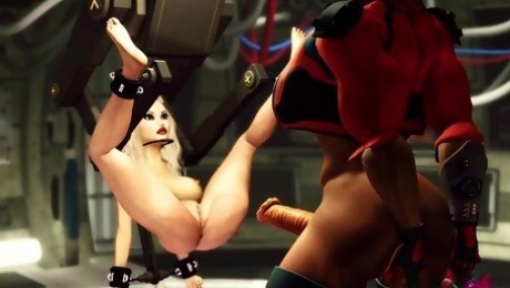 Just don't stop! Super cyber futa shemale plays with a sexy cuffed blonde