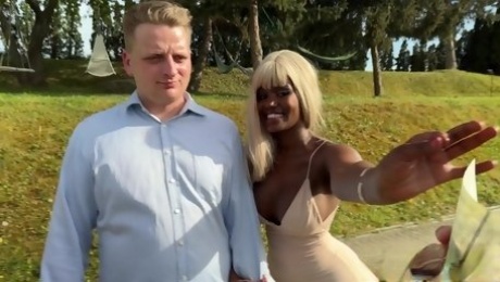 Giving the blonde ebony Lexi Luv money and cock while her boyfriend watches