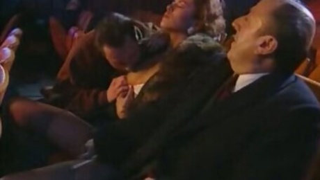 Mature amateur bitch enjoys gangbang sex in a cinema
