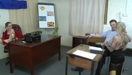 Tattooed office milf gets busy with her boss which is a stud