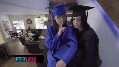 Teen lezzies celebrate graduation and try swapping 4some with Stepdads