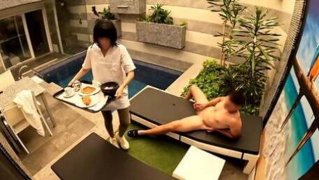 I jerk off in the private pool when the room service girl brings me breakfast and helps me finish by giving me a blowjob