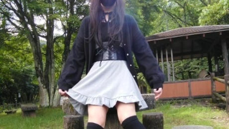 Cute transgender Honoka masturbation and ejaculates in outdoor exposure.