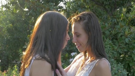 Two young & hot college lesbians outdoors running wild and love each other