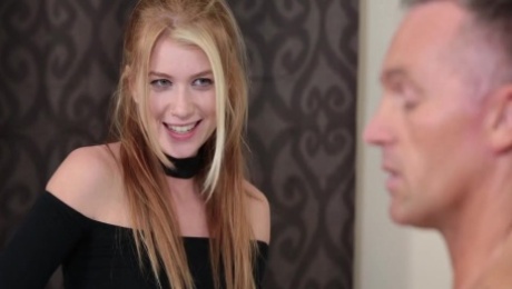 Blonde babysitter Arya Fae moans while an older mans her doggy style